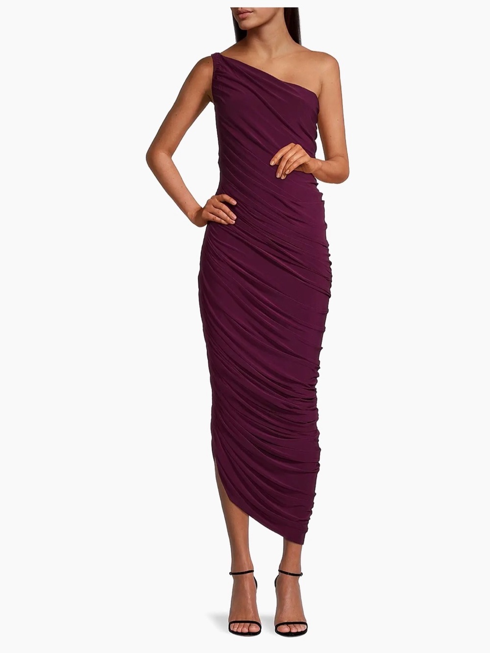Norma Kamali Diana Ruched One-Shoulder Gown in Plum S